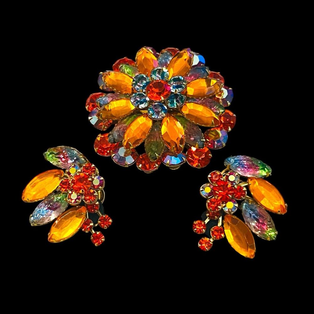 Vintage 1960s Fire Orange Topaz AB Rhinestone Brooch Earrings Demi Parure